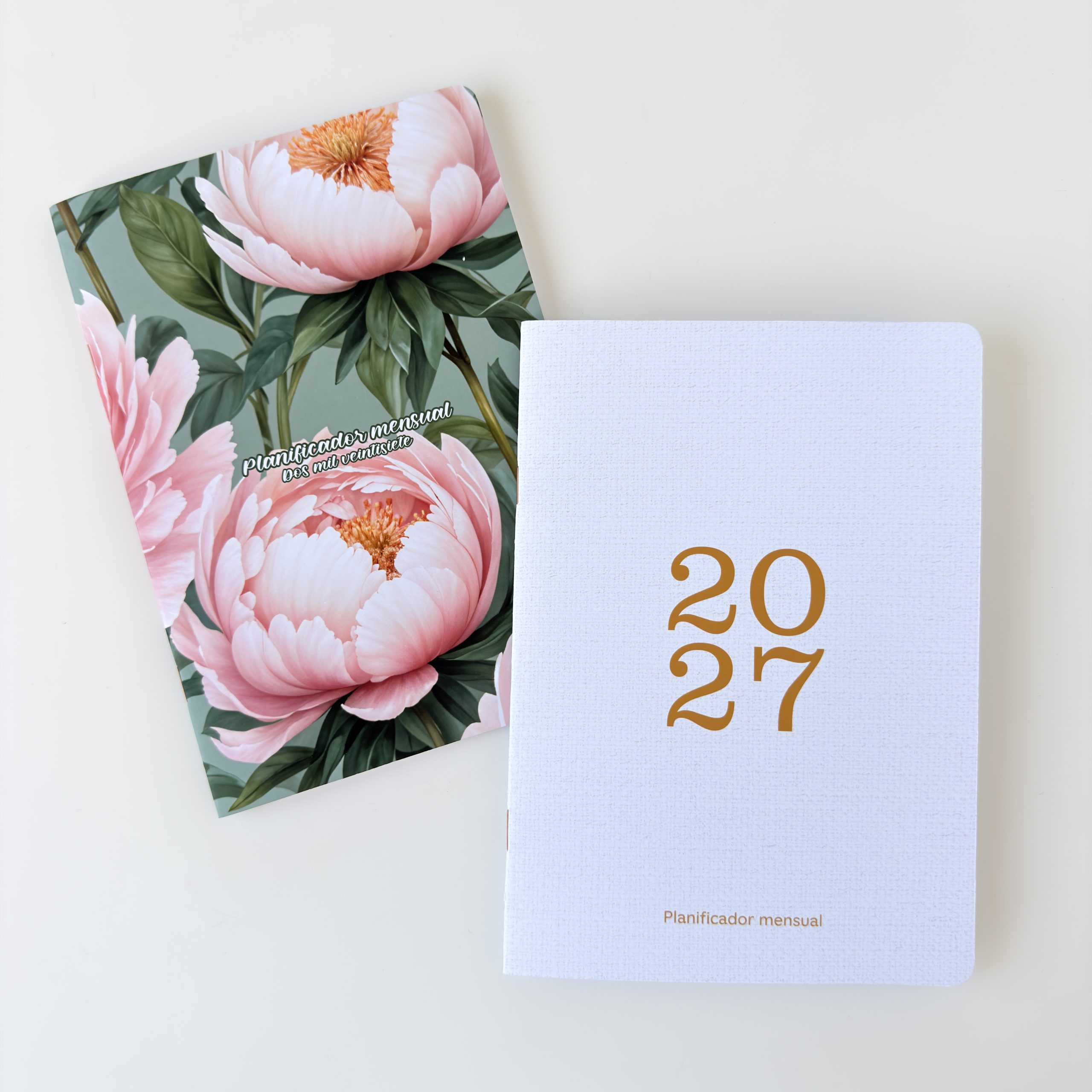 Planificador mensual 2027 para engrampar o coser, diseño neutro + diseño floral